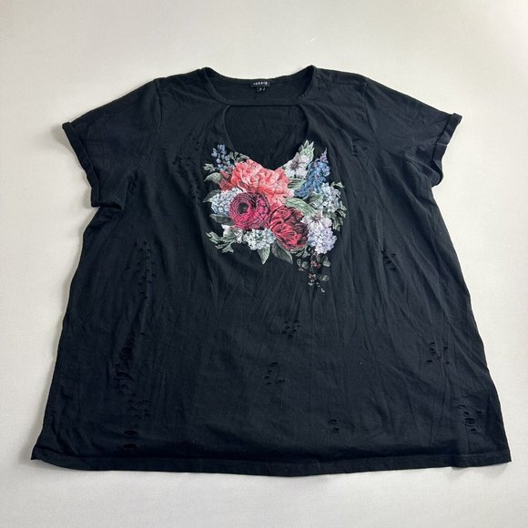 Torrid Shirt Women 3 Black Red Floral Graphic Destroyed Front Choker Neck Tee - Picture 9 of 9